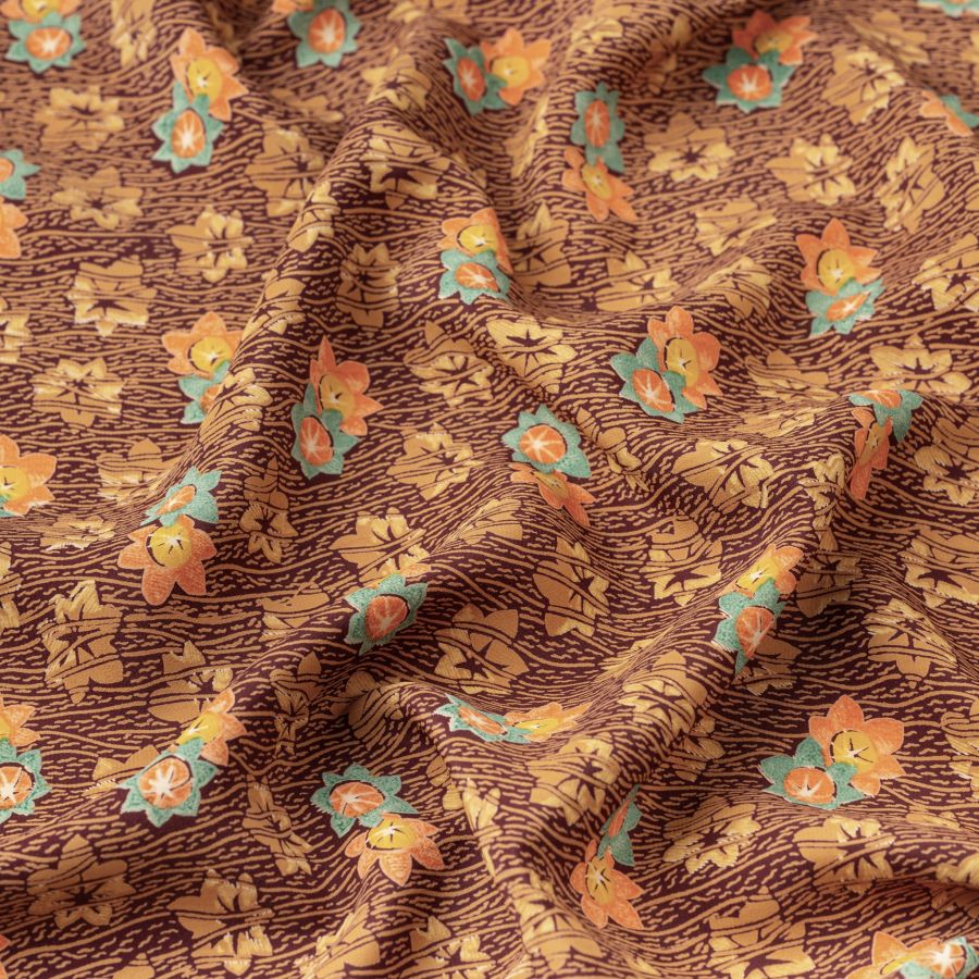 ΥΦΑΣΜΑ VINTAGE FLORAL ΒΙΣΚΟΖ “ΒΟΜΒΥΞ” ΚΡΕΠΟΝ ΔΙΠΛΗΣ ΟΨΗΣ - ΜΠΟΡΝΤΟ/ ΚΑΜΕΛ/ ΣΟΜΟΝ & ΒΕΡΑΜΑΝ