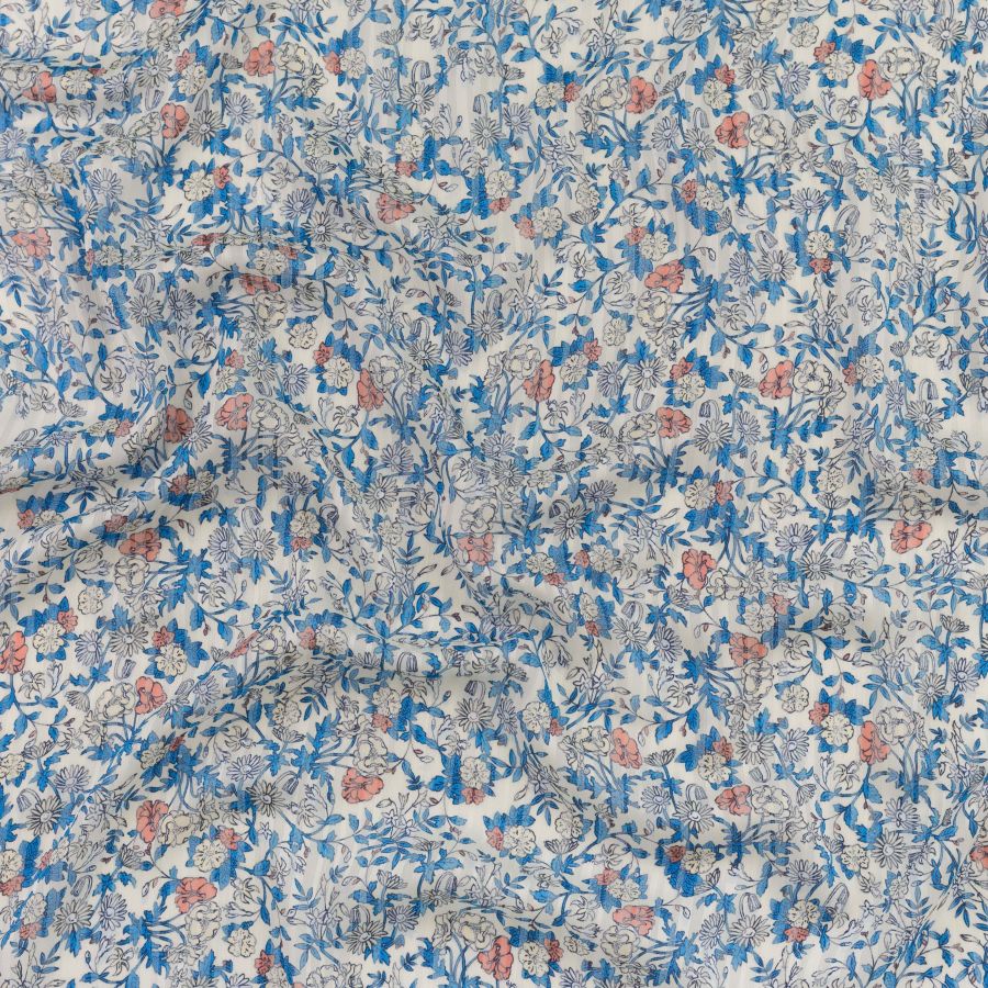 ΥΦΑΣΜΑ ΜΟΥΣΕΛΙΝΑ ΕΜΠΡΙΜΕ, FLORAL MEADOW – ΛΕΥΚΗ ΒΑΣΗ ΜΕ ΜΠΛΕ & ΚΟΡΑΛΙ ΛΟΥΛΟΥΔΙΑ