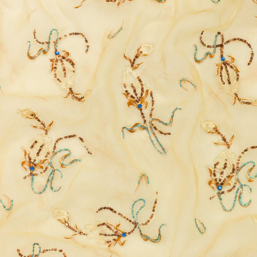 ΥΦΑΣΜΑ 100% ΜΕΤΑΞΩΤΗ ΟΡΓΑΝΤΖΑ ΓΚΟΦΡΕ ΜΕ ΚΕΝΤΗΜΑ & ΠΑΓΙΕΤΕΣ - ΒΑΣΗ TIE DYE ΜΠΕΖ/ΚΑΦΕ ΜΕ ΣΧΕΔΙΟ ΑΝΘΟΣ 