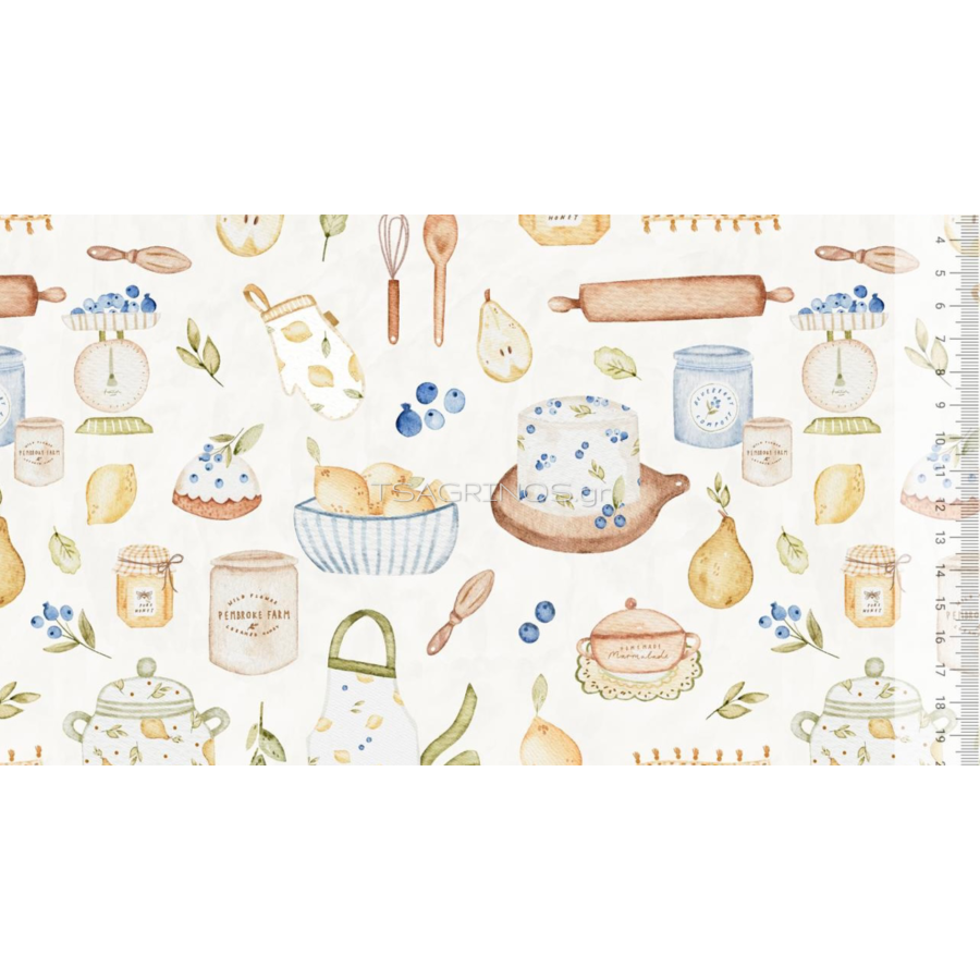 ΥΦΑΣΜΑ ΠΟΠΛΙΝΑ 100% ΒΑΜΒΑΚΙ DIGITAL PRINT - BLUEBERRY COUNTRY KITCHEN
