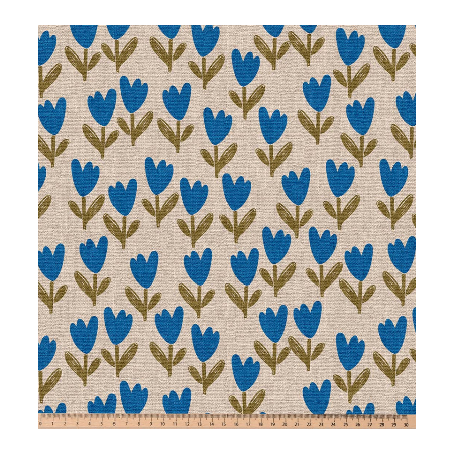 ΥΦΑΣΜΑ ΒΑΜΒΑΚΕΡΟ HALF PANAMA PREMIUM DIGITAL PRINT - RETRO TULIPS ΜΠΛΕ ΡΟΥΑ - Ρετάλια 1.30μ. + 2.70μ.